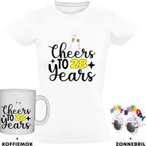 28 jaar Dames T-shirt + Koffiemok + Happy birthday bril – 28e verjaardag – feest – proost – drank