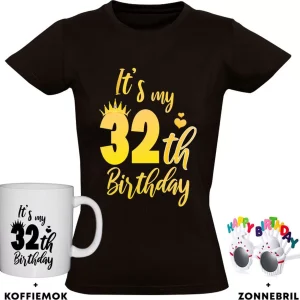 32 jaar Dames T-shirt + Koffiemok + Happy birthday bril – verjaardag – cadeau – feest