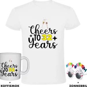 32 jaar Heren T-shirt + Koffiemok + Happy birthday bril – 32e verjaardag – feest – proost – drank