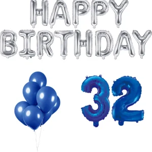 32 jaar Verjaardag Versiering Ballon Pakket Blauw & Zilver