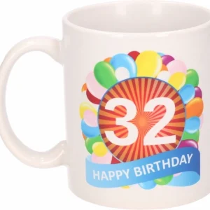32 jaar Verjaardag koffiemok – cadeau beker – feestelijke ballonnen print – 300 ml – keramiek – wit