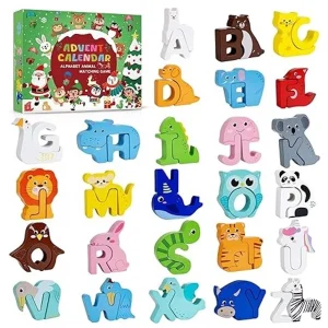 Adventskalender 2025 Kinderen – 24 Dagen Aftellen – Houten Alfabet Dierenpuzzel (52-delig) – ABC Animal Letter Matching Game – Educatief Speelgoed voor Peuters & Kleuters