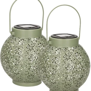 Anna’s Collection Solar lantaarn – 2x – groen – metaal – D15 x H16 cm – tafellamp