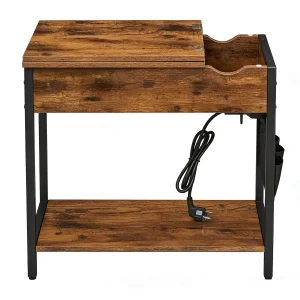 Bijzettafel nachtkastje 60 x 31,5 x 60 cm, bruin + zwart opbergtafel multifunctionele tafel met opbergzak, stopcontact en klepbaar verborgen opbergvak, stevig metalen frame, geschikt voor woonkamer en slaapkamer,