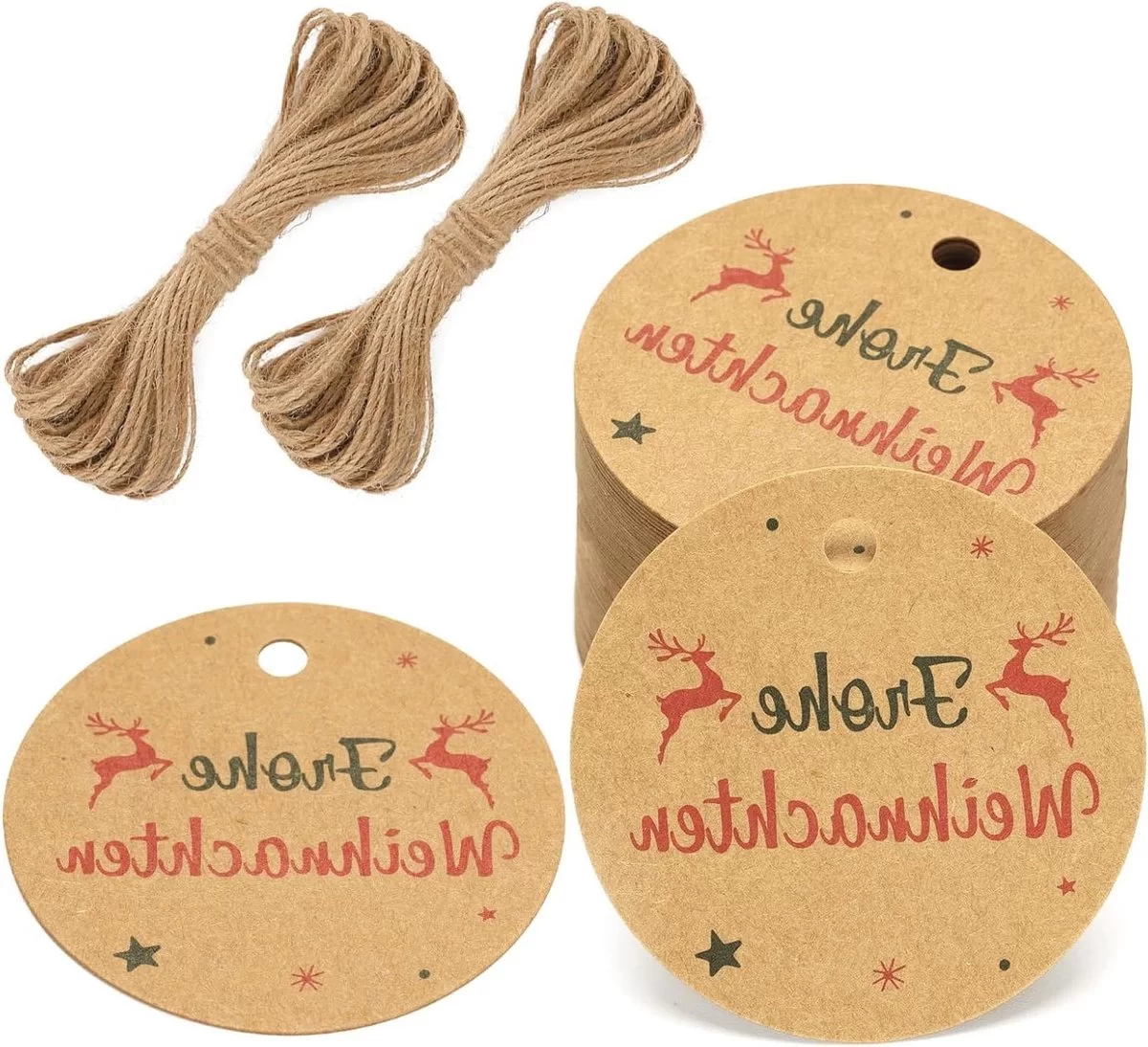 Kerstcadeauhangers bruin 100 stuks ronde kersthangers 5,5 cm – Vrolijk kerstfeest, etiketten voor Kerstmis, adventskalenders, decoratie