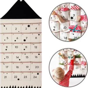 Kerstkalender – Adventskalender zelf vullen – Adventskalender leeg – Adventskalender kinderen – Aftelkalender – Opbergtas – Herbruikbaar – 50 x 120 cm – Katoen – Beige