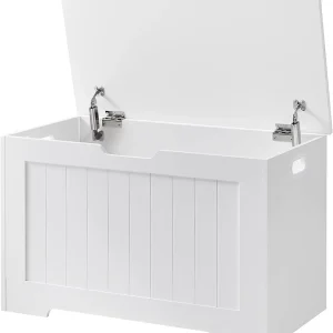 Opbergpoef, 40 x 76 x 48 cm, Wit, Stoffen en Metalen Frame, Met Veiligheidsscharnier en Zijhandvat, Opklapbaar Verborgen Opbergvak, Maximaal Draagvermogen 136 kg, Stijlvol Modern Minimalistisch, Geschikt voor Gang, Woonkamer en Slaapkamer.