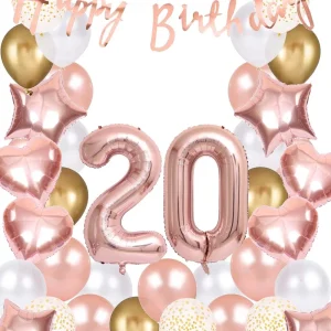 Snoes Ballonnen 20 Jaar Rose Gold White Dots – Compleet Feestpakket met cijfer ballon 20 Jaar – Verjaardag Versiering Slinger Happy Birthday – Folieballon – Latex Ballonnen – Helium Ballonnen – Rose Feestpakket