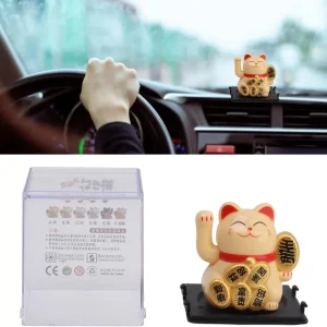 Wenkende Kat voor Geluk en Welvaart, Feng Shui Decoratie voor Thuis en Auto, Solar Powered Gelukskat (Geel)